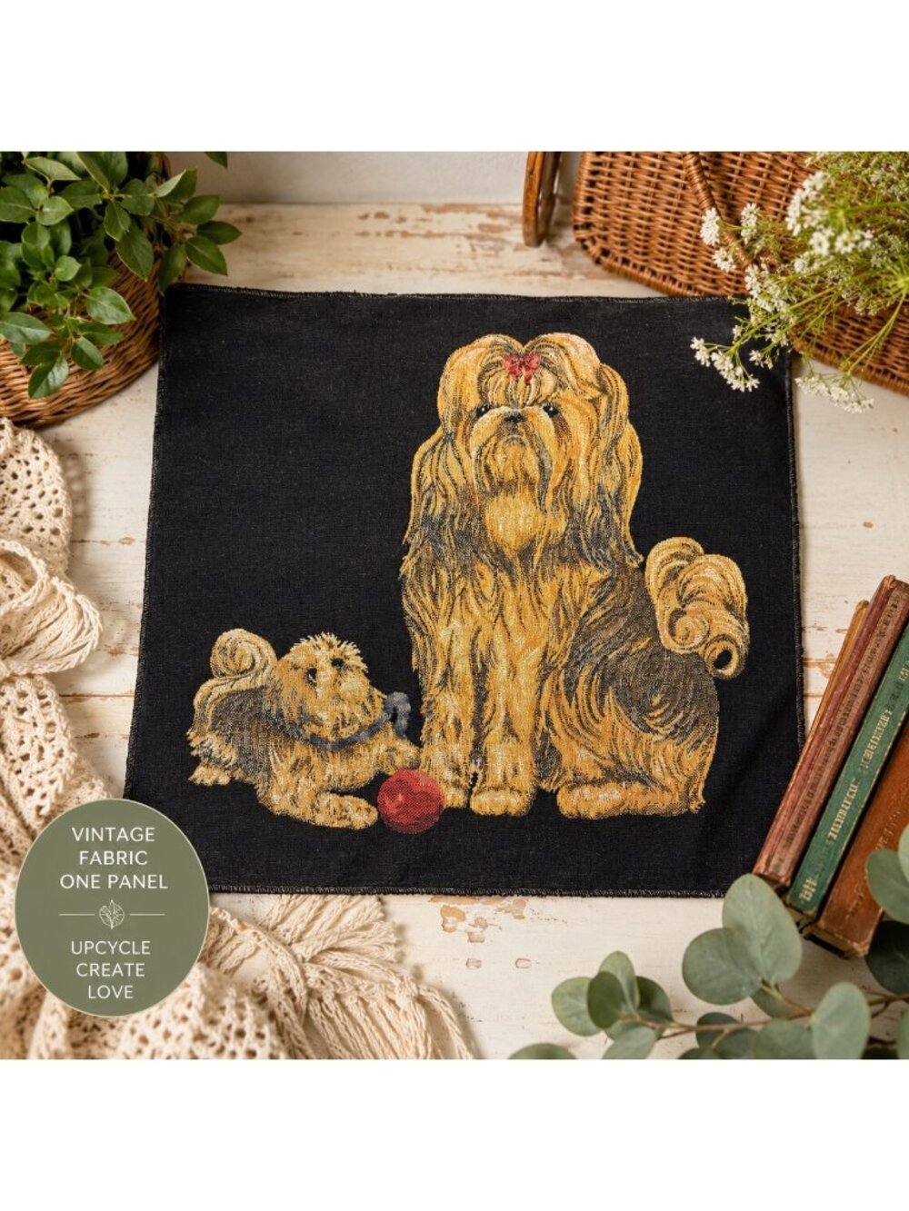 Vintage Shih Tzu Woven Tapestry Fabric Panel 17x17 Pillow Craft Upholstery Dog D